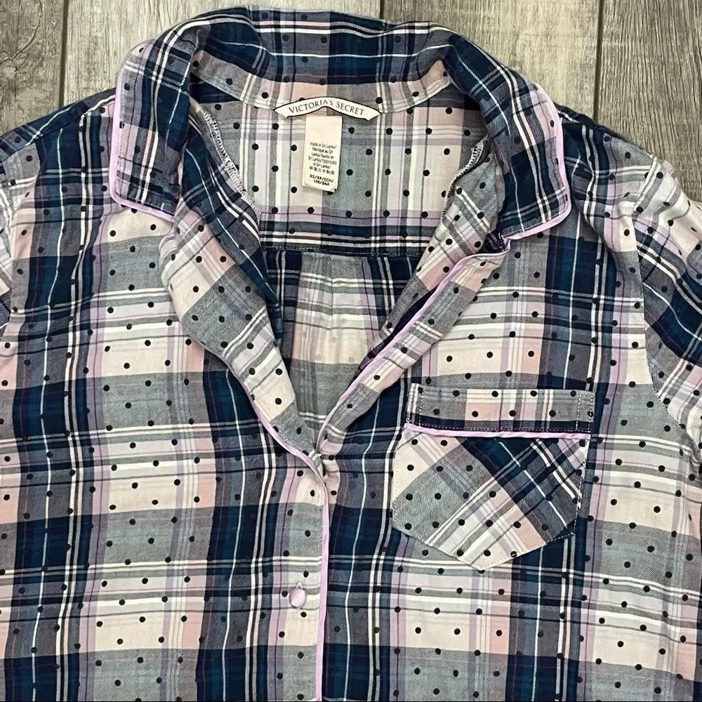 Victoria’s Secret Plaid Button Up Pajama Shirt Pink Lavender Blue Black Size XS